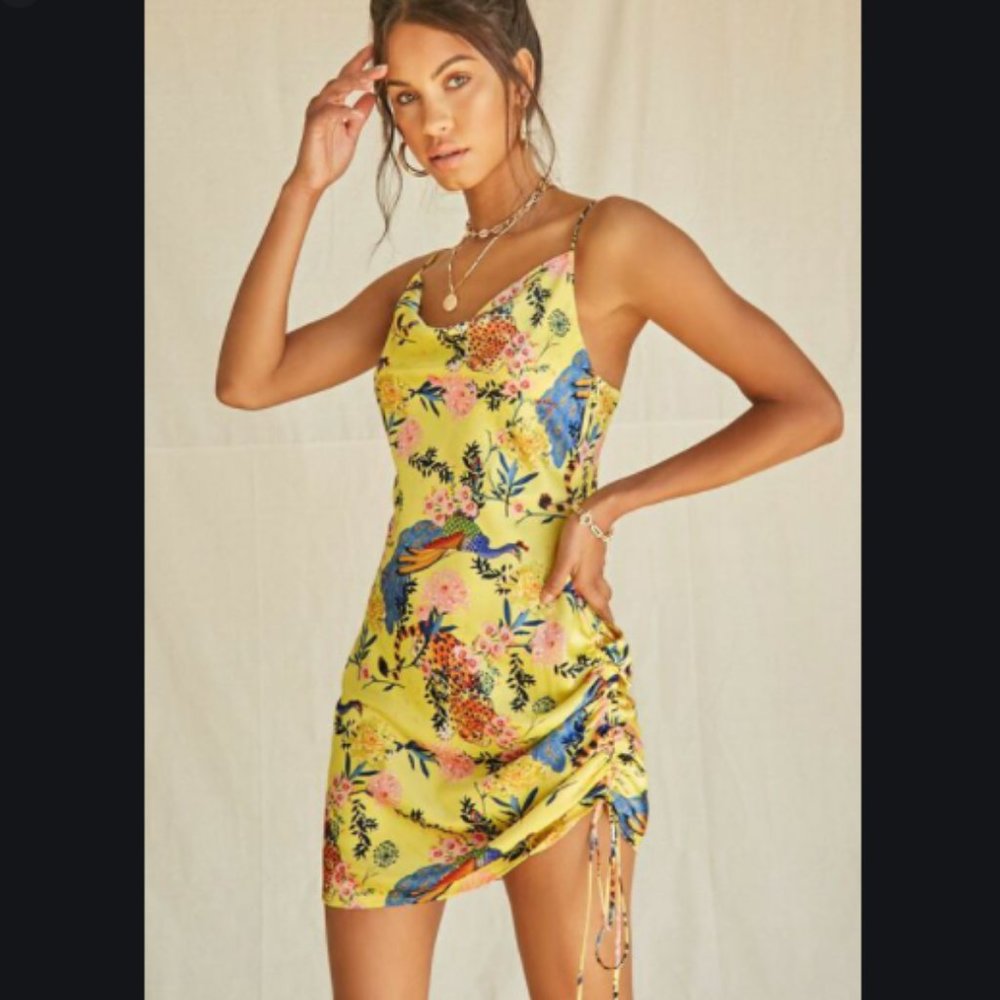 Tropical Floral Print Mini Dress Cowl Neck